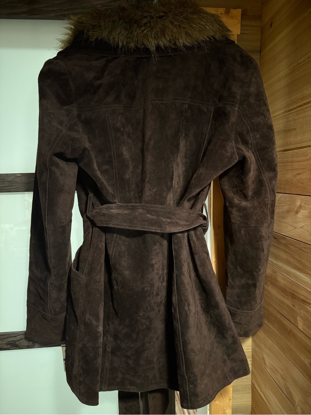 INC International Concepts Dark Brown Trench Coat with Faux-Fur Collar - Picture 6 of 6